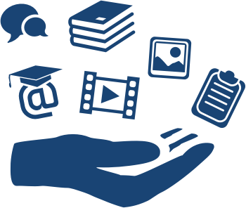 icon of hand with resources such as books coming out of it
